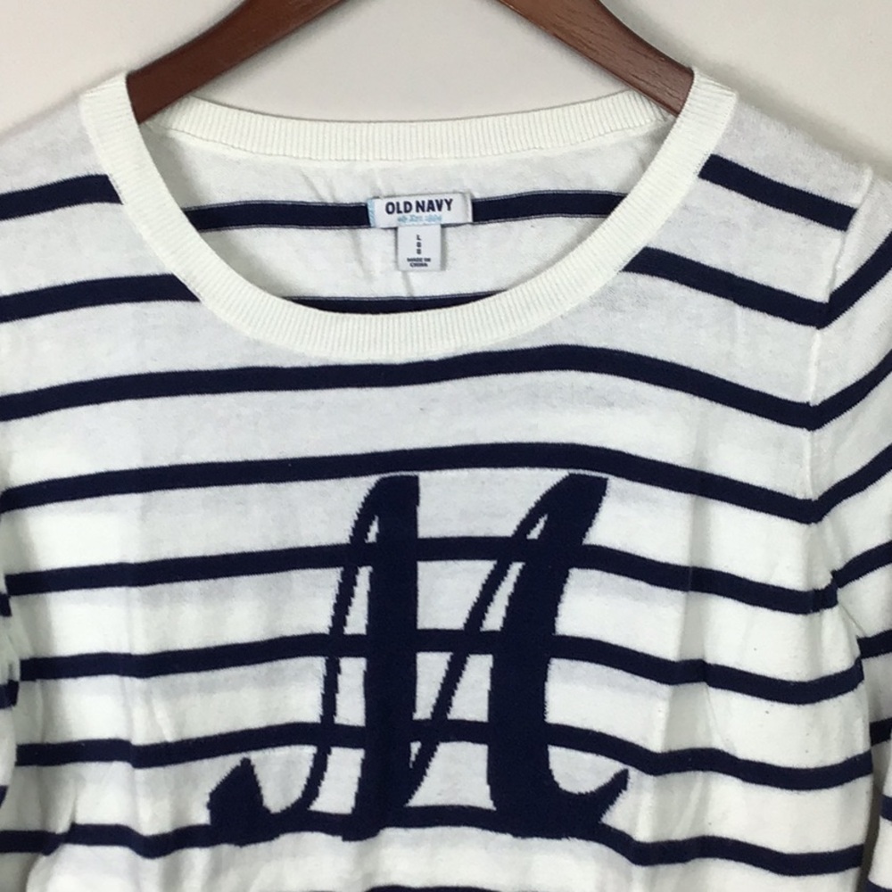Old Navy M monogram cream & Navy blue stripe lightweight cotton sweater  Large - Picture 2 of 6